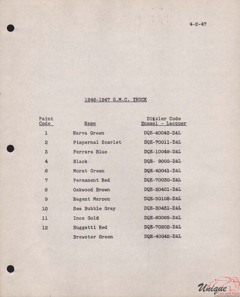 1947 GMC Paint Charts PPG 2